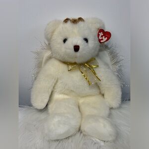 TY(59)Divine Beanie Buddy Angel Bear Plush - Cream with Gold Bow